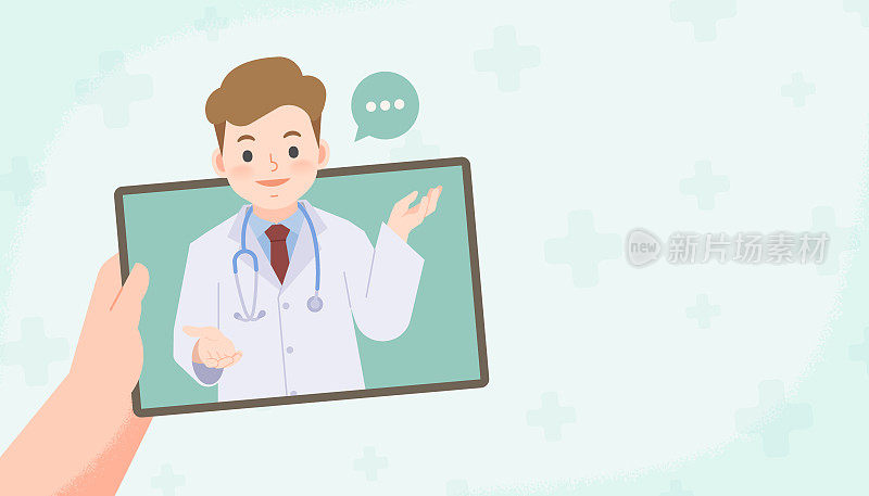 一个手持平板看到一个男子医生在线视频电话连接医院咨询或诊断从远处的地方空白横幅插图向量。卫生保健的概念。