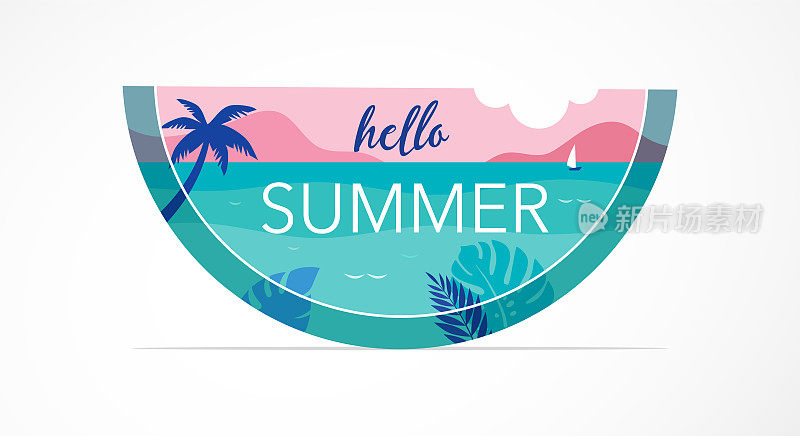 夏日趣味概念设计。创意的景观背景，大海和海滩的全景西瓜。夏季销售，张贴模板