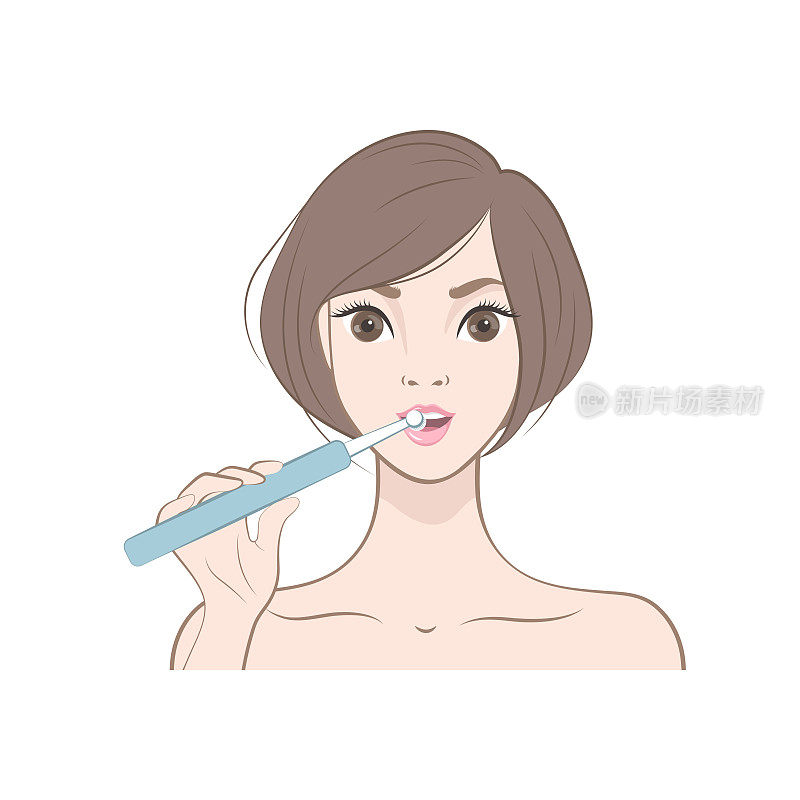 美丽的年轻日本女人用牙刷孤立在白色的背景。矢量插图卡通风格