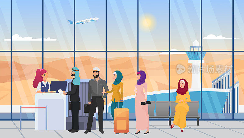 沙特阿拉伯人在机场大厅候机大厅排队，妇女戴着头巾，男子穿着长袍