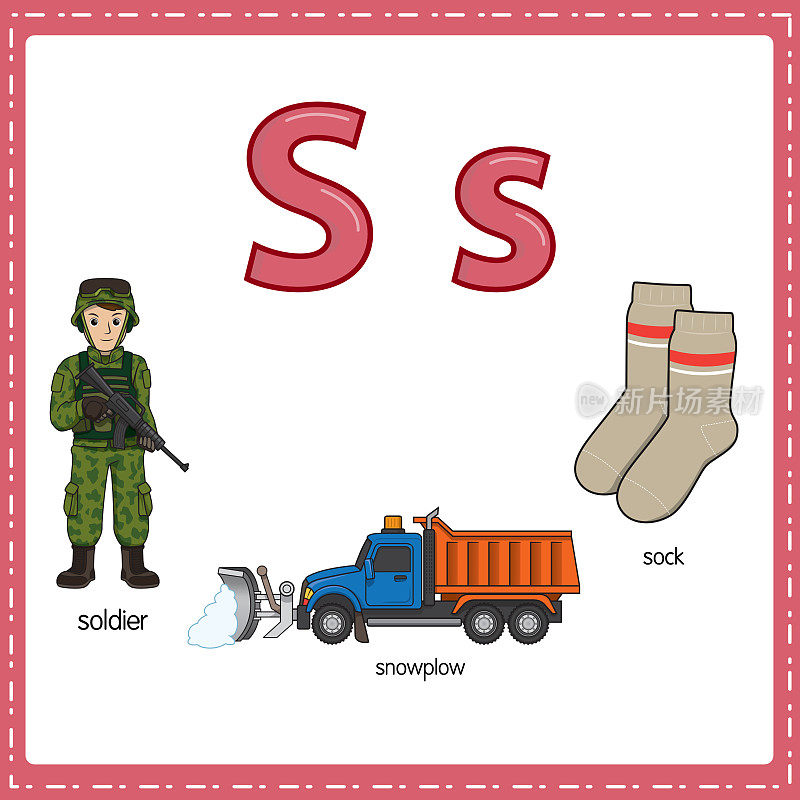 向量插图学习字母S的小写和大写的儿童与3卡通图像。士兵扫雪机的袜子。