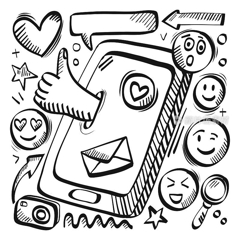 社交媒体相关卡通涂鸦插图。手绘向量