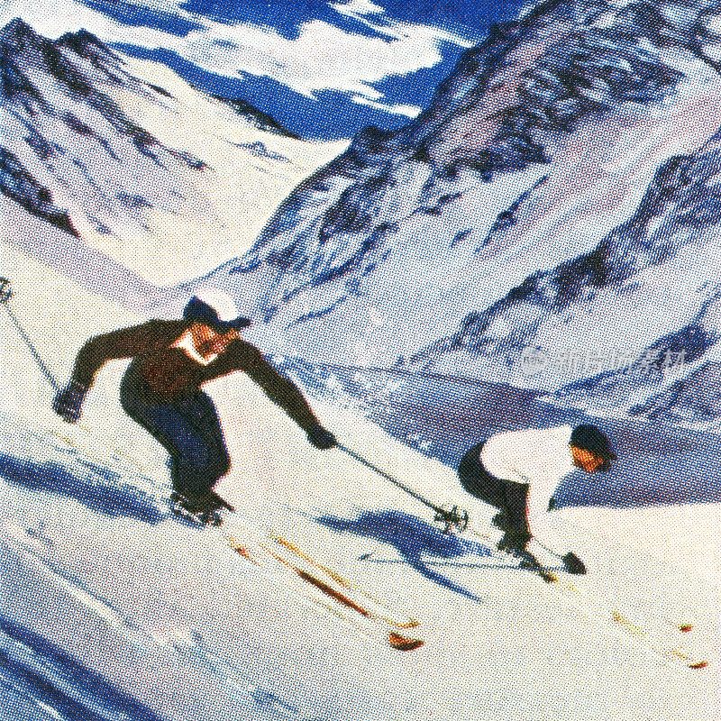 两名男子在山上滑雪的经典插图