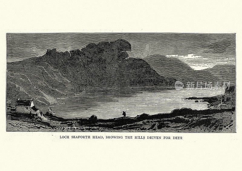 西福斯湖头，显示了被鹿赶出的山丘，外赫布里底群岛，维多利亚19世纪