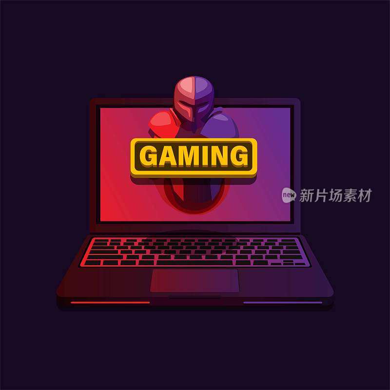 游戏笔记本电脑红紫色渐变键盘和屏幕上的骑士人物弹出逼真的插图向量