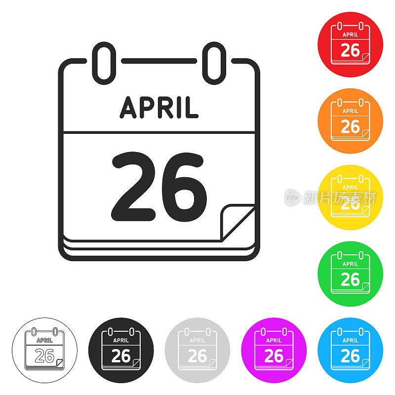 4月26日。按钮上不同颜色的平面图标