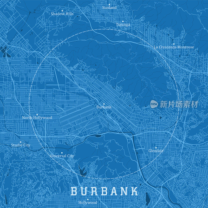 伯班克加州城市矢量道路地图蓝色文本