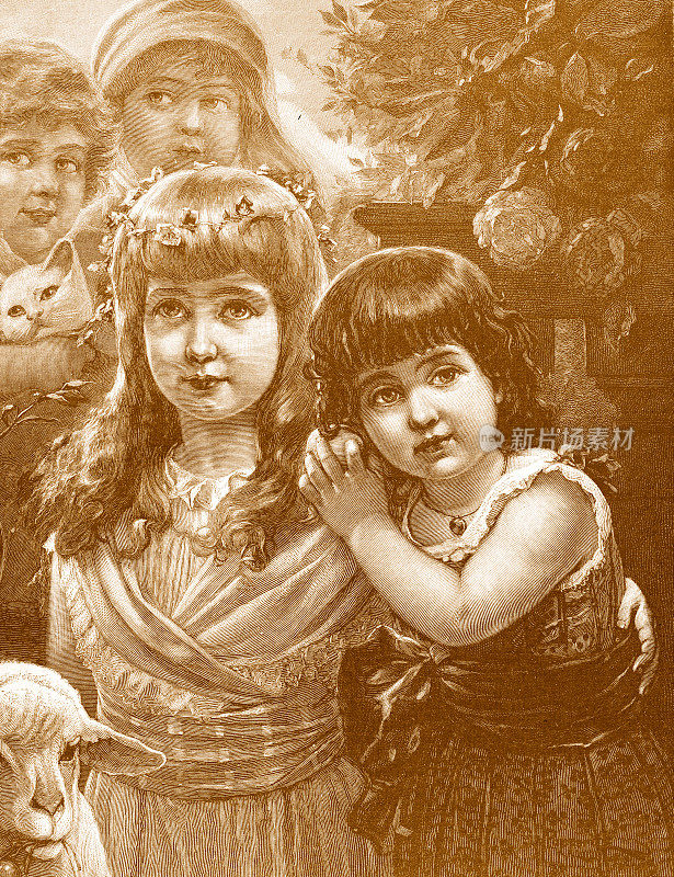 1897年，两个小女孩在德国巴伐利亚的大自然中玩耍