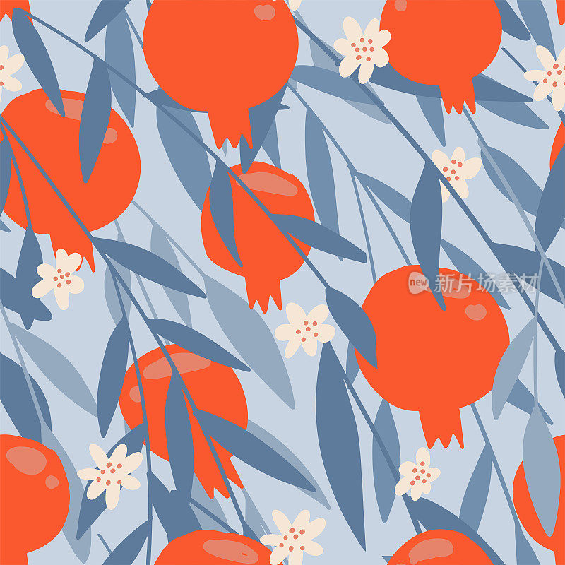石榴果无缝图案模板与蓝色叶子。植物果实的设计。盛开的石榴。矢量平面手绘插图。