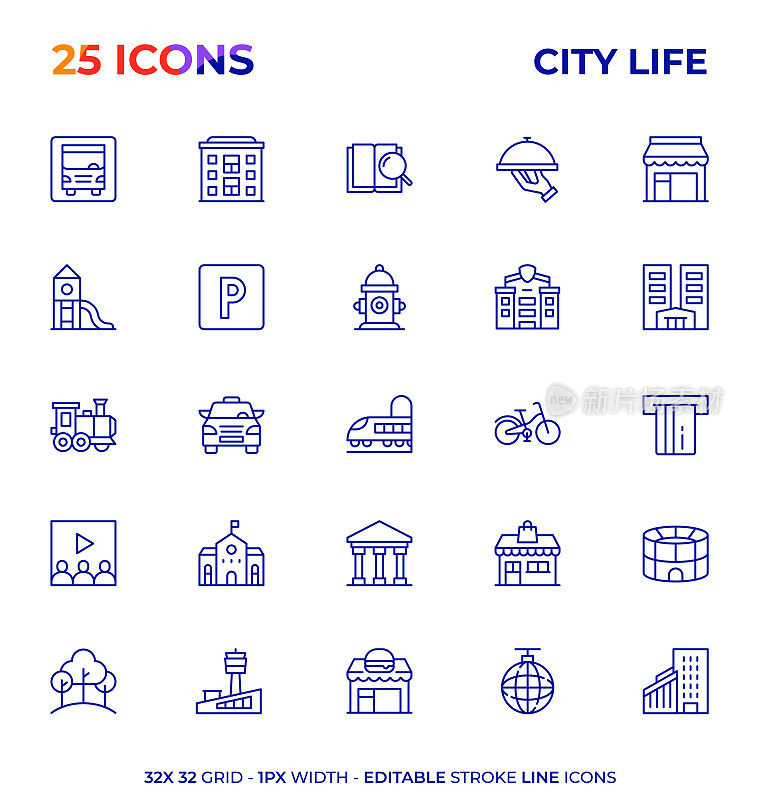 城市生活可编辑的线条图标系列