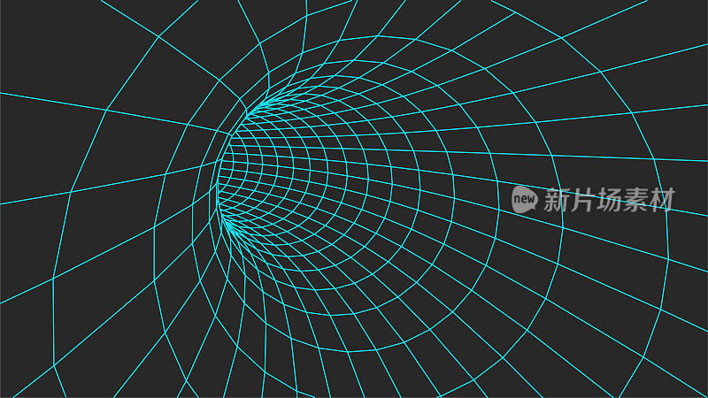 网格结构。线框表面隧道。3d网格在黑暗的背景。向量虫洞