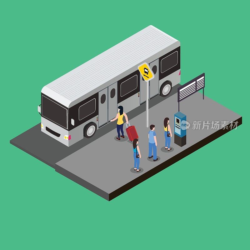乘客在巴士站的三维等距矢量