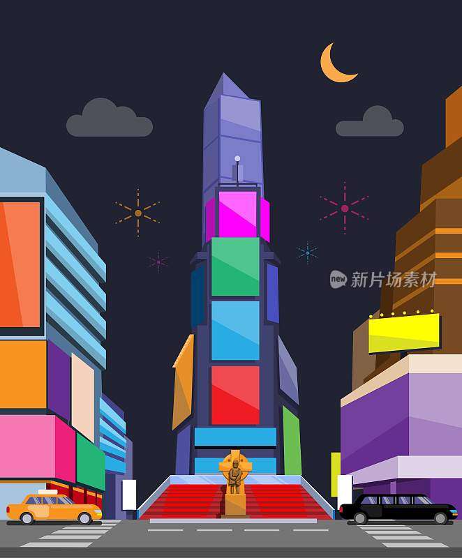 纽约时代广场彩色广告屏幕上的建筑物在夜间插图卡通矢量