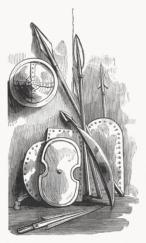 犹太古代的盾牌和矛，木刻，1862年出版