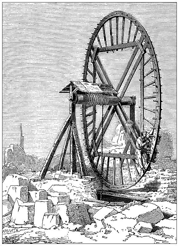 19世纪工业、技术和工艺的仿古插画:采石场提升轮
