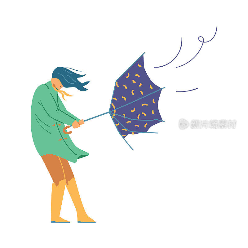 一个女人试图逃离狂风，雨伞翻了出来，平面矢量插图孤立在白色背景上。