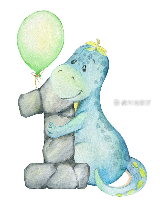 可爱的恐龙，字母，石头，气球。水彩剪贴画，为了节日，第一个生日。