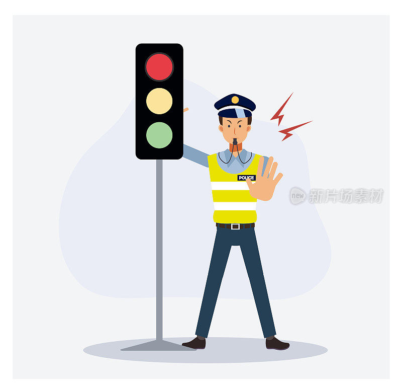 交通警在红绿灯附近举起手来阻止汽车，红灯。平面矢量卡通人物。