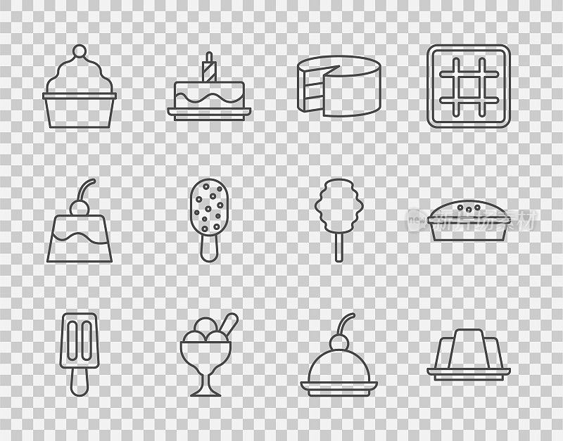 设置线冰淇淋，果冻蛋糕，蛋糕，在碗，樱桃芝士蛋糕和自制派图标。向量