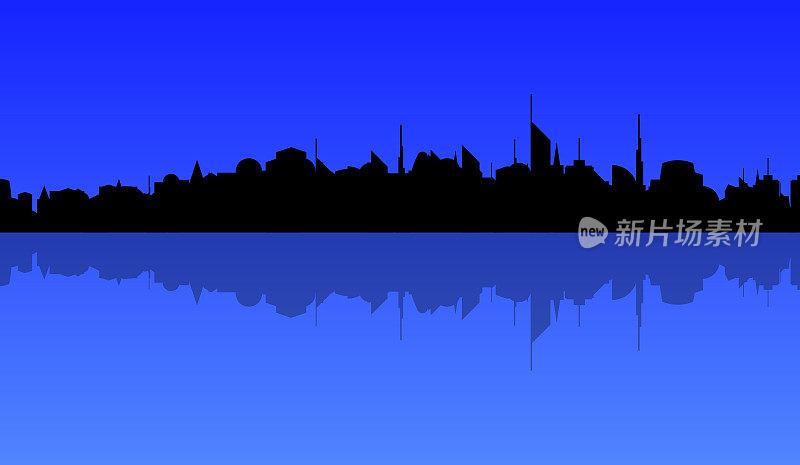 停电的夜景，蓝色城市景观的摩天大楼，与反射