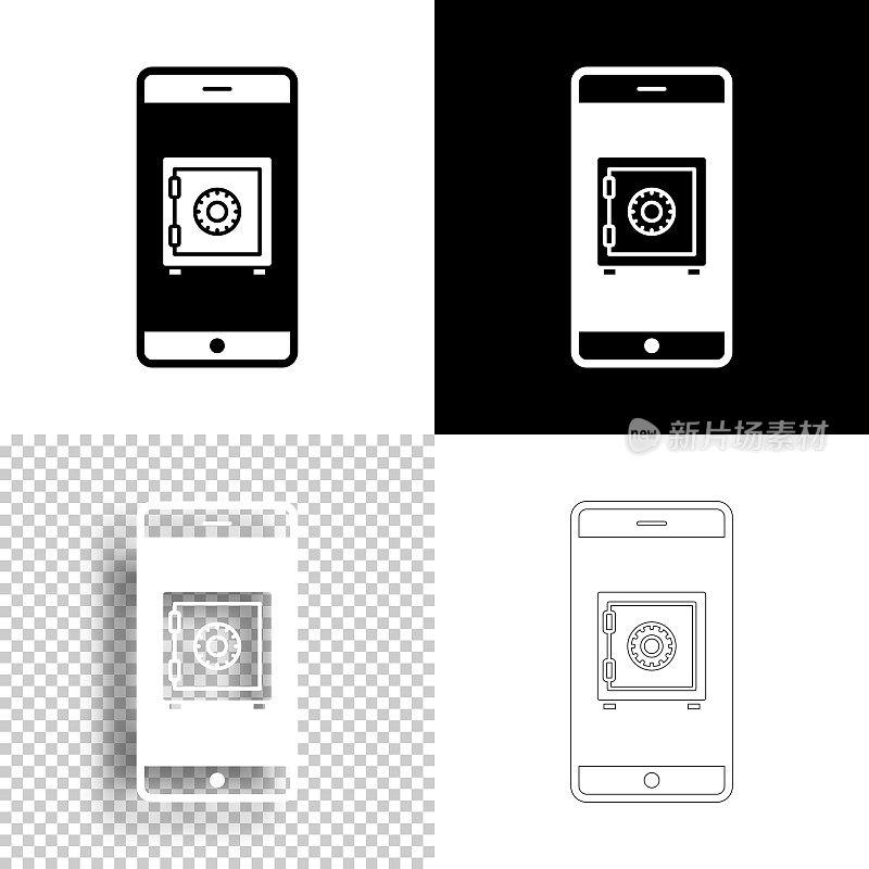带保险箱的智能手机。图标设计。空白，白色和黑色背景-线图标