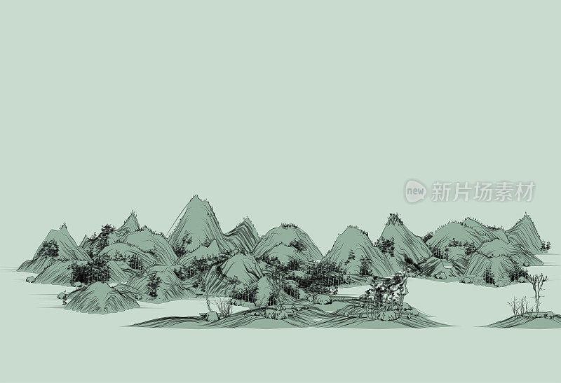 复古风格的中国传统山水画，山水画