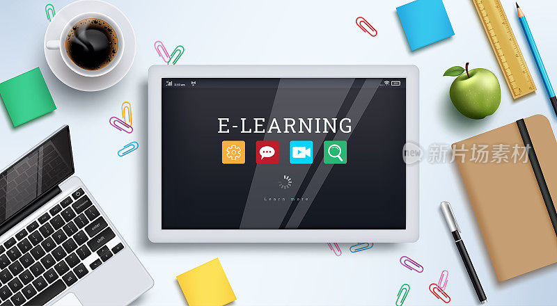 电子教育矢量背景设计。电子学习文本在平板设备与在线教育元素的笔记本电脑，笔记本电脑和图标的家庭远程学习。