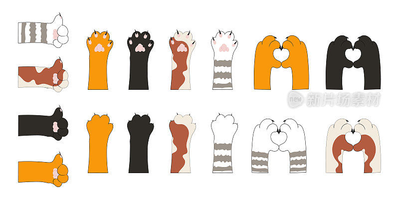 向量集的猫的爪子孤立在白色背景，爪子手势，大拇指向上猫卡通风格彩色插图图标设置不同