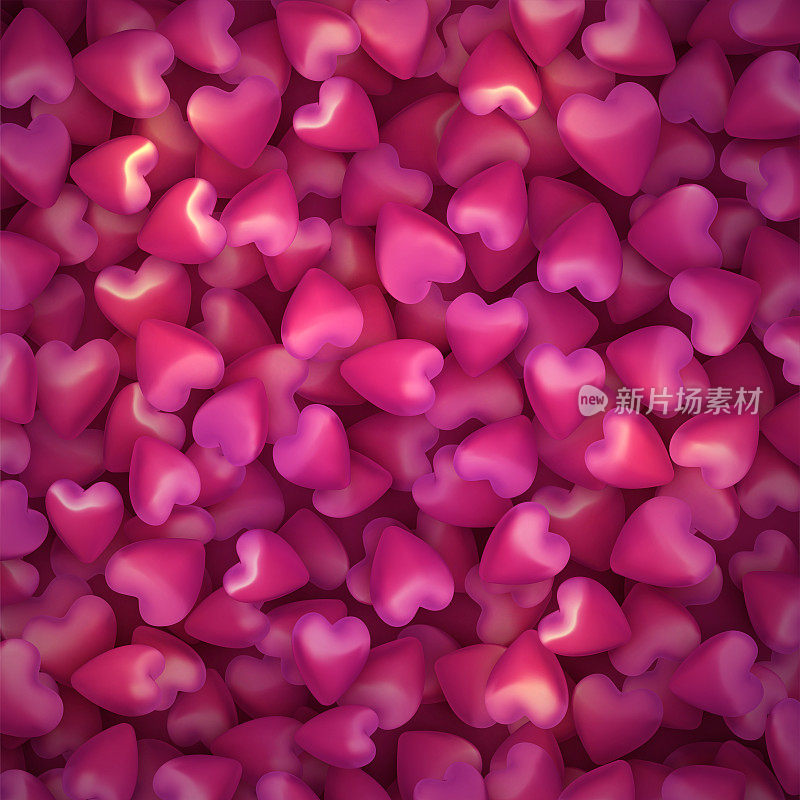3d粉色心形图案背景。散落的心像糖果。