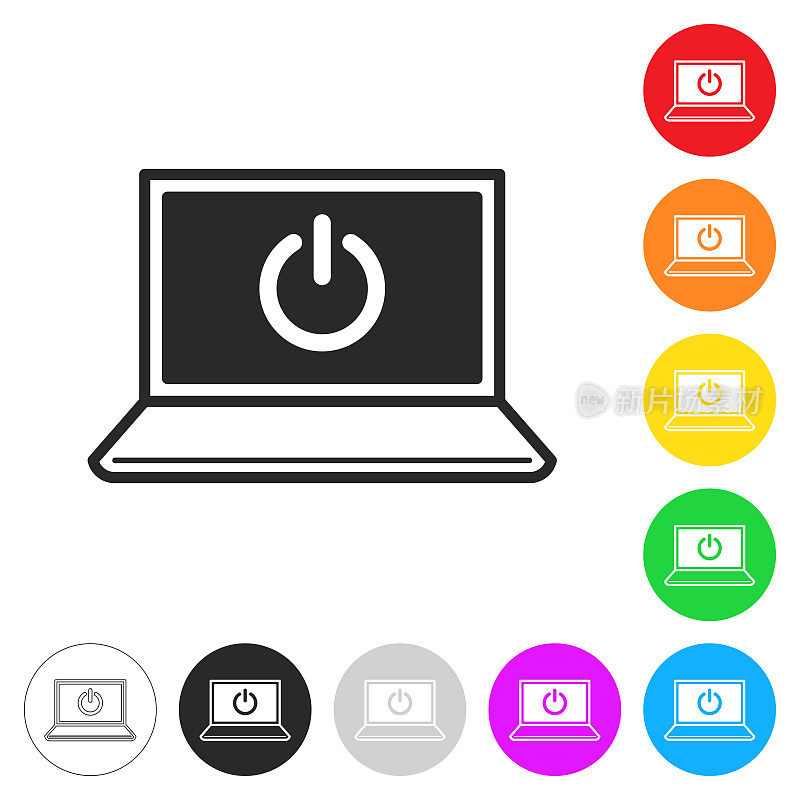 带电源按钮的笔记本电脑。彩色按钮上的图标