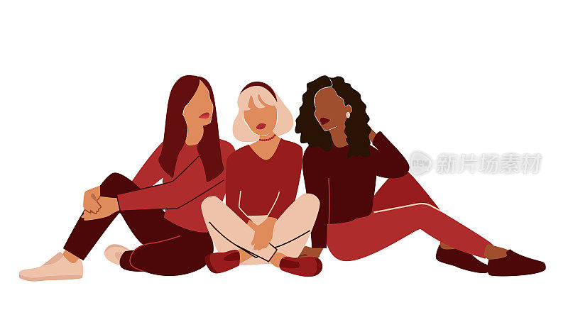 三名不同种族、不同文化的女性并排坐在一起，祝你妇女节快乐!坚强勇敢的女孩互相支持。姐妹情谊和女性友谊。向量的女孩