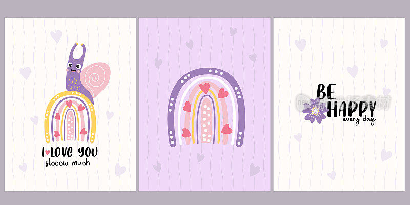 明信片设置可爱的快乐蜗牛和装饰彩虹积极的口号-我爱你慢慢多，每天都要快乐。矢量插图。很酷的贺卡，设计，装饰明信片。