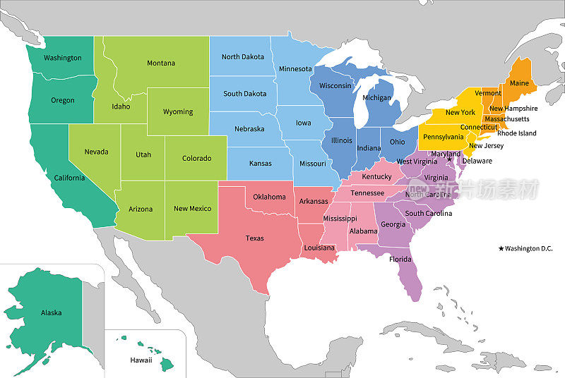 美国地图，九个区用不同颜色标出，州名用英语标注