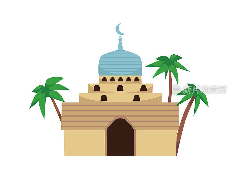 传统和正宗的阿拉伯清真寺祈祷，平面矢量插图孤立在白色背景。