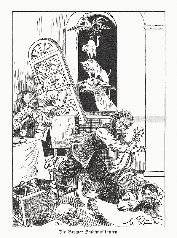 《不莱梅镇音乐家》(格林童话)，木刻，1898年左右出版