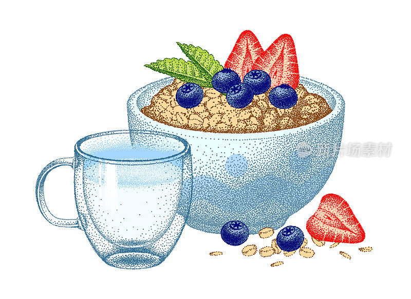 健康早餐配浆果。燕麦粥配牛奶、酸奶、草莓和蓝莓。格兰诺拉麦片碗。什锦麦片，燕麦粒。向量草图。