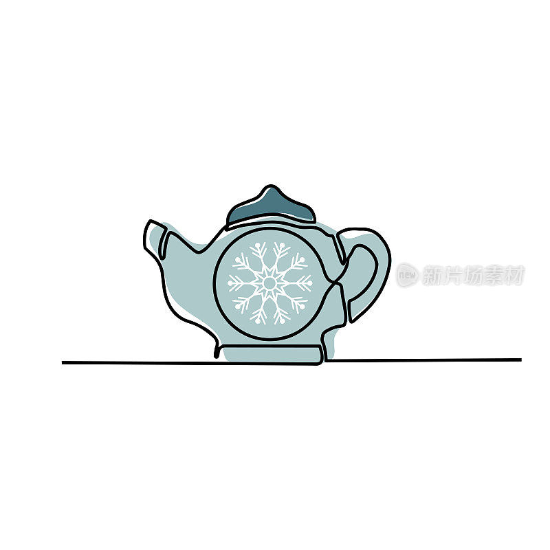 茶壶。连续画线。茶壶标志与一个轮廓线性。线性矢量插图。白色背景