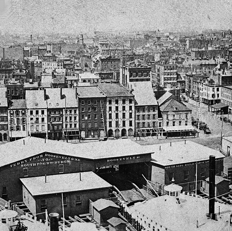 纽约市，从布鲁克林大桥的曼哈顿码头俯瞰南街全景，1874年