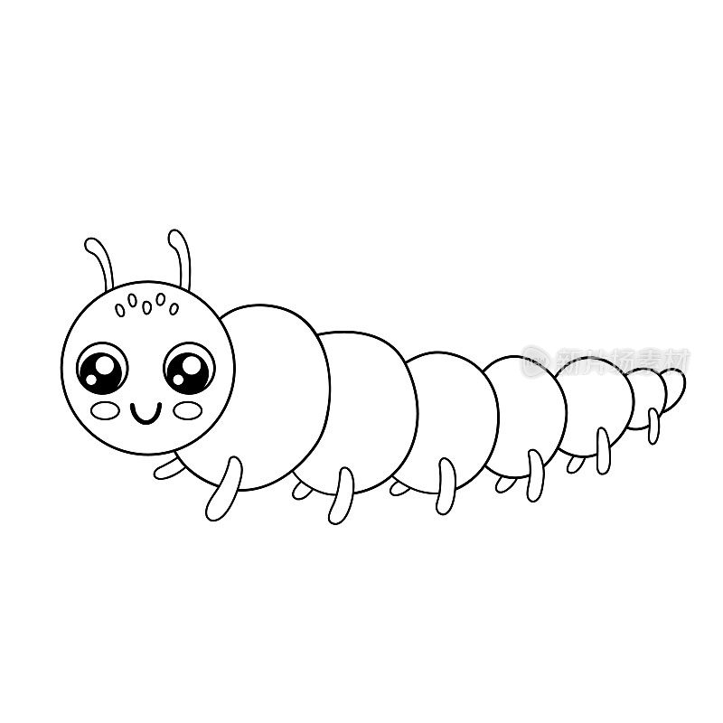 可爱的轮廓毛毛虫孤立在白色背景。有趣的昆虫为儿童涂色书。卡通矢量线插图