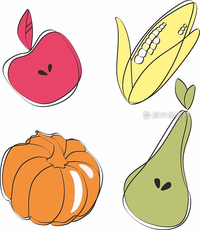 秋秋收获:玉米、南瓜、梨、苹果。