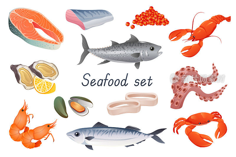 海产品3d现实设定。包三文鱼排，红鱼子酱，蟹，小龙虾，章鱼，鱿鱼，虾，金枪鱼，贝类，牡蛎，贻贝，龙虾等孤立元素。矢量图