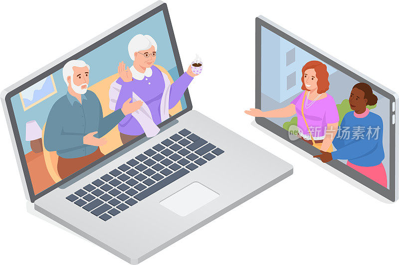 与祖父母视频通话。在线家庭聊天的概念。妇女与年迈的父母交谈