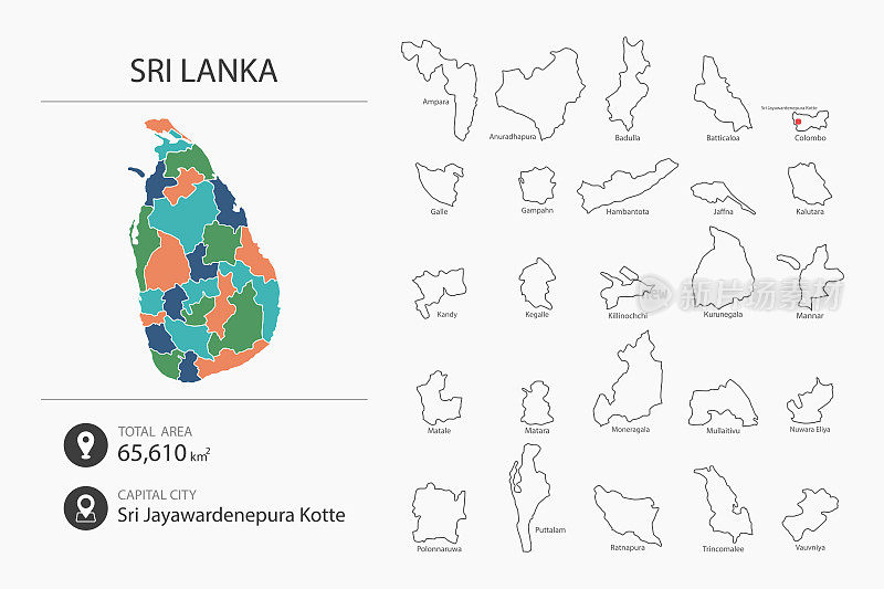 斯里兰卡地图与详细的国家地图。地图元素的城市，总面积和首都。
