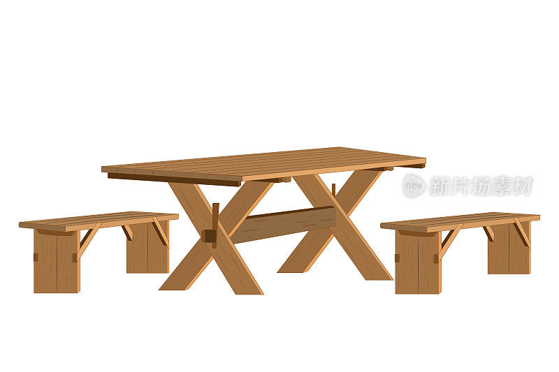 木制野餐桌，长凳孤立在白色背景。为花园、公园或露营准备一套带座位的空桌子。
