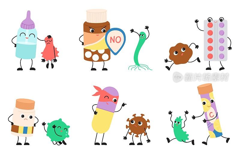 卡通药丸和病毒的场景。抗生素对抗感染，可爱的医药人物用盾牌。健康又有力量，治疗用片剂体面的vector套装