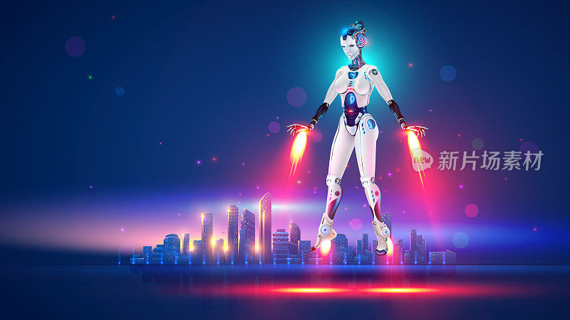 飞行机器人或穿着超级英雄铁服的半机械人女人。科幻机器人女孩在盔甲降落在未来城市的背景。角色超级英雄与喷气背包火箭发动机。机器人女人腾空而起