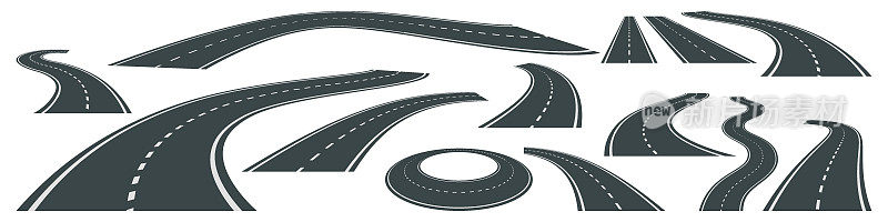弯曲道路的矢量插图与白色背景上的白色标记隔离。远景中的柏油路。空的直线和弯曲的公路集合。