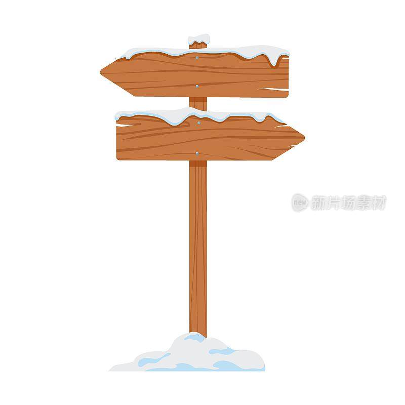 复古木的右边和左边唱覆盖着雪矢量插图。白色背景上木制的雪色招牌、路标或横幅