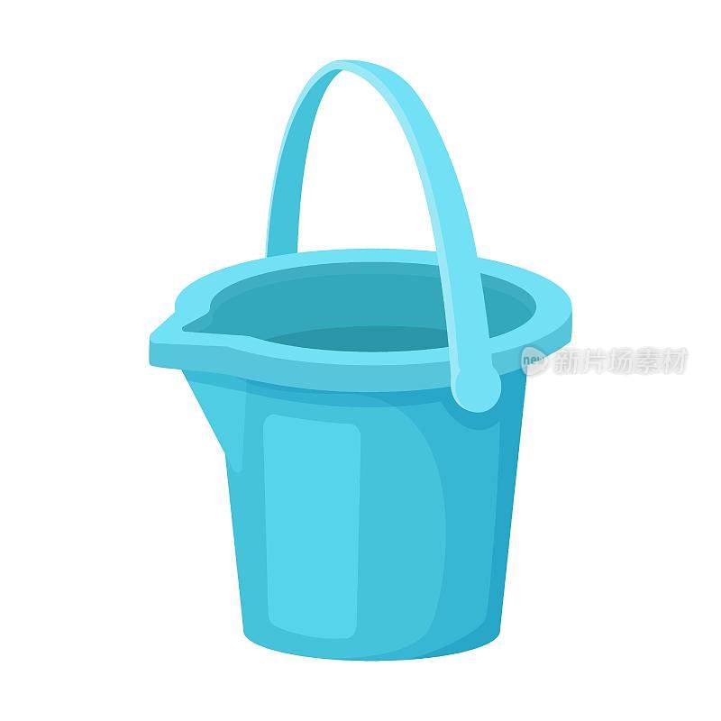 蓝色带口带柄桶，桶口方便排水。矢量插图可爱的彩色脸盆