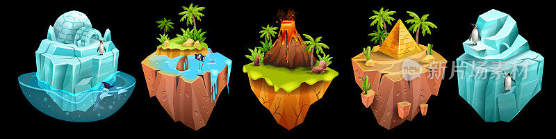 游戏岛，冰山，矢量火山，埃及沙漠金字塔，等距3D漂浮陆地，丛林棕榈树。